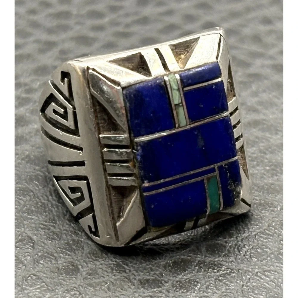 Vintage Sterling Silver Lapis Lazuli Malachite Inlay Heavy Chunky Ring Size 8.5